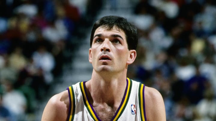 Apr 14, 1994; Salt Lake City, UT, USA; FILE PHOTO; Utah Jazz guard John Stockton (12) in action against the San Antonio Spurs at the Delta Center. Mandatory Credit: Imagn Images