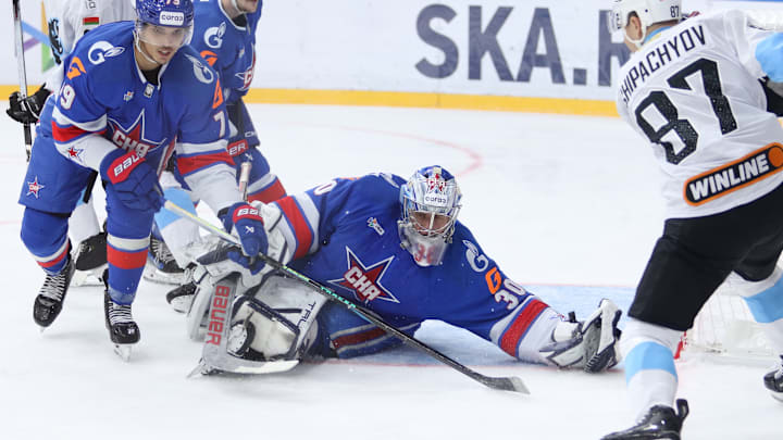 SAINT PETERSBURG, RUSSIA - 2025/09/19: Yegor Zavragin (30) and Danila Galenyuk (79) of SKA Hockey Club seen in action during the Hockey match, Kontinental Hockey League 2025/2026 between SKA Saint Petersburg and Dinamo Minsk at the Ice Sports Palace. (Final score; SKA Saint Petersburg 3:2 Dinamo Minsk).