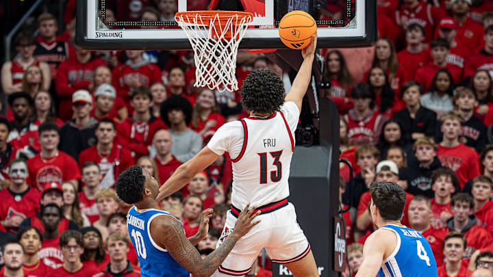 Louisville Cardinals forward Sananda Fru (13) dropped in a bucket during first half action as the Louisville Cardinals hosted the Kentucky Wildcats at the KFC Yum! Center on Tuesday, Nov. 11, 2025.