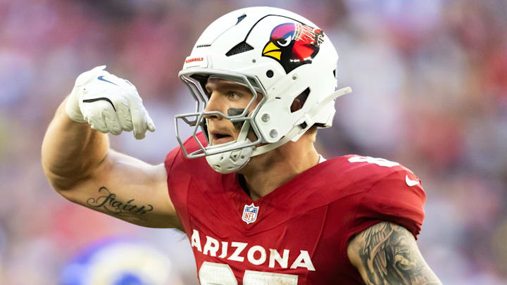 Dec 7, 2025; Glendale, Arizona, USA; Arizona Cardinals tight end Trey McBride (85) celebrates a play against the Los Angeles Rams at State Farm Stadium. Mandatory Credit: Mark J. Rebilas-Imagn Images