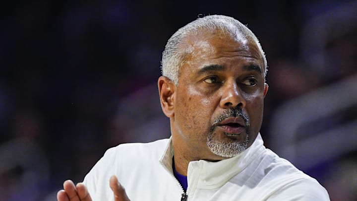 Dec 30, 2024; Manhattan, Kansas, USA; Kansas State Wildcats head coach Jerome Tang reacts during the first half against the Cincinnati Bearcats at Bramlage Coliseum. Mandatory Credit: Jay Biggerstaff-Imagn Images Dec 30, 2024; Manhattan, Kansas, USA; Kansas State Wildcats head coach Jerome Tang reacts during the first half against the Cincinnati Bearcats at Bramlage Coliseum. Mandatory Credit: Jay Biggerstaff-Imagn Images