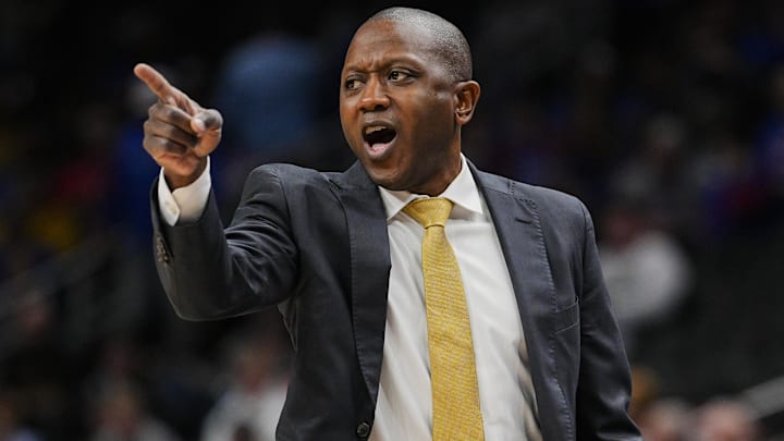 Dec 7, 2025; Kansas City, Missouri, USA; Missouri Tigers head coach Dennis Gates reacts during the second half against the Kansas Jayhawks at T-Mobile Center. Mandatory Credit: Jay Biggerstaff-Imagn Images