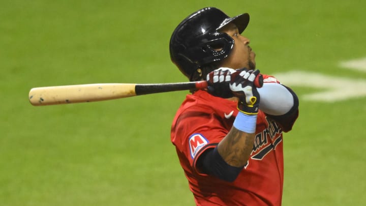 Aug 24, 2024; Cleveland, Ohio, USA; Cleveland Guardians third baseman Jose Ramirez (11) watches his solo home run in the sixth inning against the Texas Rangers at Progressive Field. Mandatory Credit: David Richard-USA TODAY Sports