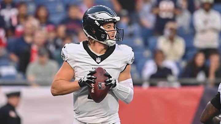 Aug 15, 2024; Foxborough, MA, USA; Philadelphia Eagles quarterback Kenny Pickett (7) looks to pass the ball during the first half against the New England Patriots at Gillette Stadium. Mandatory Credit: Eric Canha-Imagn Images