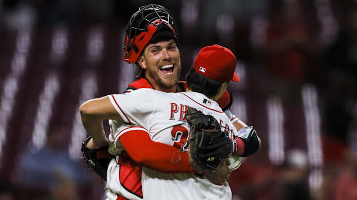 Mar 30, 2026; Cincinnati, Ohio, USA; Cincinnati Reds catcher Tyler Stephenson (37) hugs relief pitcher Connor Phillips (34) after the victory over the Pittsburgh Pirates at Great American Ball Park. Mandatory Credit: Katie Stratman-Imagn Images