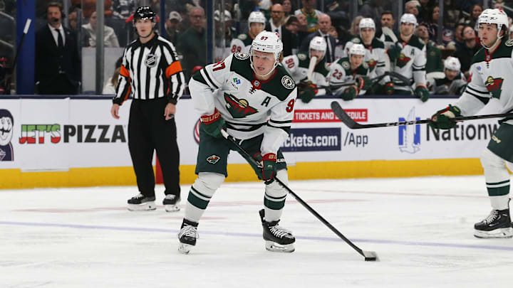 Oct 19, 2024; Columbus, Ohio, USA; Minnesota Wild left wing Kirill Kaprizov (97) looks to shoot against the Columbus Blue Jackets during the third period at Nationwide Arena. Mandatory Credit: Russell LaBounty-Imagn Images Oct 19, 2024; Columbus, Ohio, USA; Minnesota Wild left wing Kirill Kaprizov (97) looks to shoot against the Columbus Blue Jackets during the third period at Nationwide Arena. Mandatory Credit: Russell LaBounty-Imagn Images