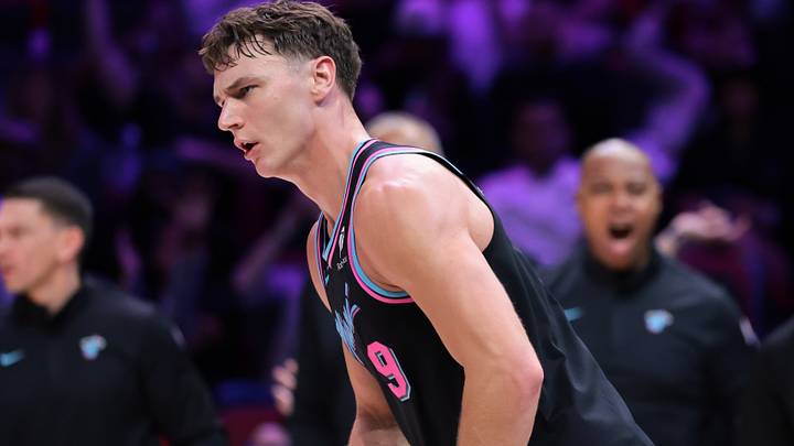 Miami Heat guard Pelle Larsson (9) reacts (Mandatory Credit: Sam Navarro-Imagn Images)