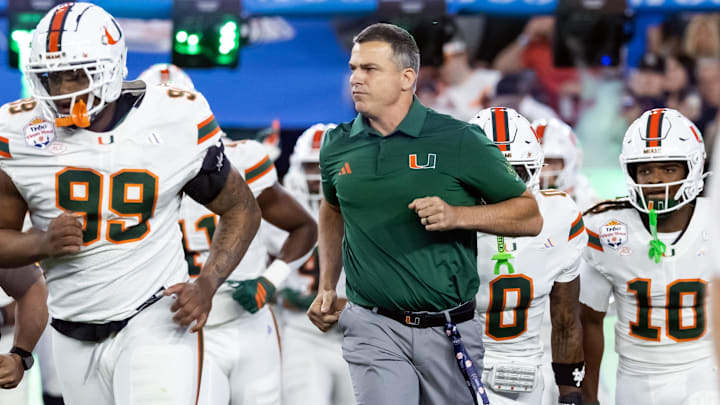 Jan 8, 2026; Glendale, AZ, USA; Miami Hurricanes head coach Mario Cristobal against the Mississippi Rebels during the 2026 Fiesta Bowl and semifinal game of the College Football Playoff at State Farm Stadium. Mandatory Credit: Mark J. Rebilas-Imagn Images