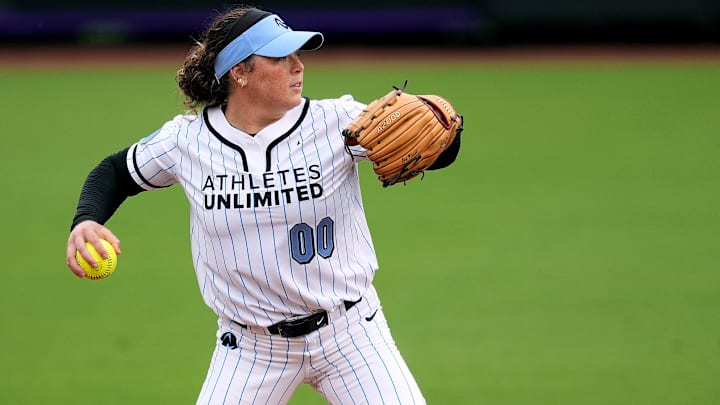 Volts pitcher Rachel Garcia plays for Team McQuillin during an Athletes Unlimited Pro (now known as the All-Star Cup) game against Team Kilfoyl at Max R. Joyner Family Stadium on August 07, 2024 in Greenville, N.C.