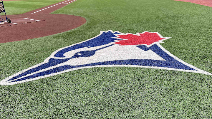Aug 14, 2022; Toronto, Ontario, CAN; The Toronto Blue Jays logo during batting practice against the Cleveland Guardians at Rogers Centre. Mandatory Credit: Nick Turchiaro-Imagn Images Aug 14, 2022; Toronto, Ontario, CAN; The Toronto Blue Jays logo during batting practice against the Cleveland Guardians at Rogers Centre. Mandatory Credit: Nick Turchiaro-Imagn Images