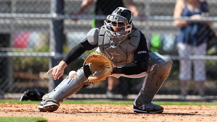 Feb 14, 2025; Tampa, FL, USA; New York Yankees catcher J.C. Escarra (79) participates in spring training workouts at George M. Steinbrenner Field. 