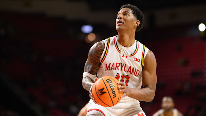 Jan 19, 2025; College Park, Maryland, USA; Maryland Terrapins forward Julian Reese (10) grabs a rebound during the second half against the Nebraska Cornhuskers at Xfinity Center. Mandatory Credit: Reggie Hildred-Imagn Images