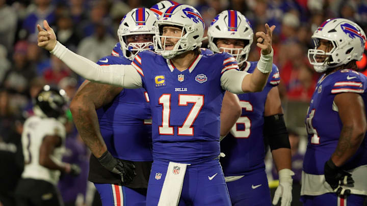Buffalo Bills QB Josh Allen tries to get the attention of the sideline during first half action against the Baltimore Ravens. Buffalo Bills QB Josh Allen tries to get the attention of the sideline during first half action against the Baltimore Ravens.