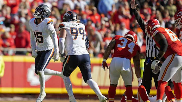 Nov 10, 2024; Kansas City, Missouri, USA; Denver Broncos linebacker Nik Bonitto (15) celebrates after a play during the first half against the Kansas City Chiefs at GEHA Field at Arrowhead Stadium. Mandatory Credit: Jay Biggerstaff-Imagn Images