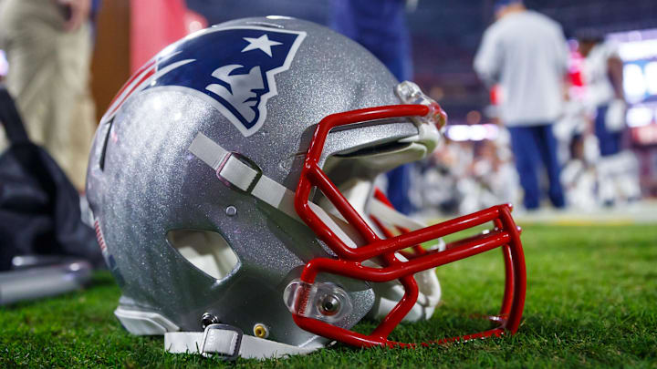 Sep 11, 2016; Glendale, AZ, USA; Detailed view of a New England Patriots helmet sitting on the sidelines against the Arizona Cardinals at University of Phoenix Stadium. The Patriots defeated the Cardinals 23-21. Mandatory Credit: Mark J. Rebilas-Imagn Images