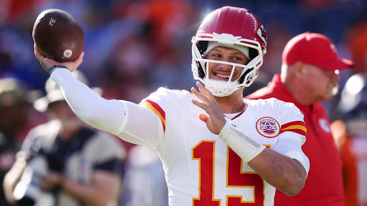 Nov 16, 2025; Denver, Colorado, USA; Kansas City Chiefs quarterback Patrick Mahomes (15) before the game against the Denver Broncos at Empower Field at Mile High. Mandatory Credit: Ron Chenoy-Imagn Images