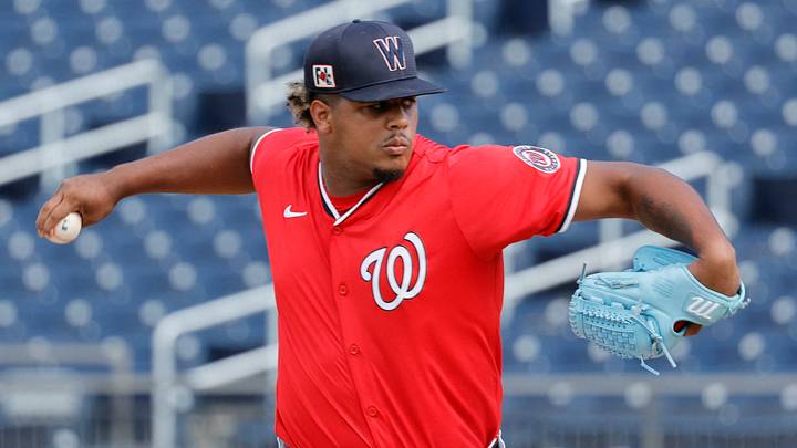 Feb 26, 2025; West Palm Beach, Florida, USA; Washington Nationals pitcher Jarlin Susana throws a pitch during the eighth inning against the Houston Astros at CACTI Park of the Palm Beaches. Mandatory Credit: Reinhold Matay-Imagn Images