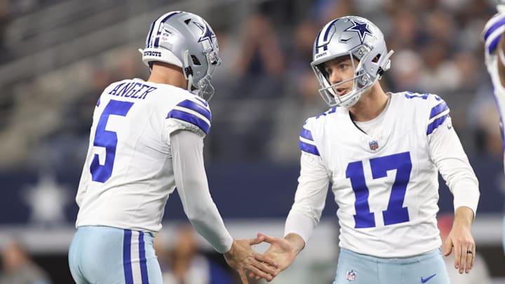 Dallas Cowboys place kicker Brandon Aubrey (17) is congratulated by safety Donovan Wilson (6) after making a field goal against the Tampa Bay Buccaneers in the second quarter at AT&T Stadium. 