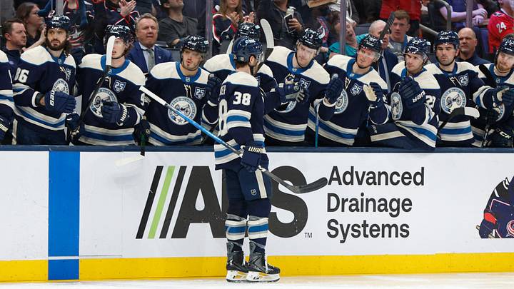 Apr 14, 2026; Columbus, Ohio, USA; Columbus Blue Jackets center Boone Jenner (38) celebrates after scoring a goal against the Washington Capitals during the second period at Nationwide Arena. Mandatory Credit: Russell LaBounty-Imagn Images