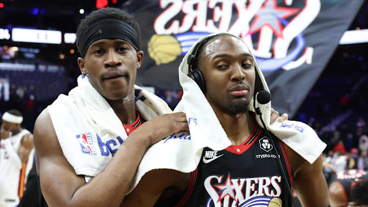 Feb 26, 2026; Philadelphia, Pennsylvania, USA; Philadelphia 76ers guard Tyrese Maxey (R) and guard Vj Edgecombe (L) react after a victory against the Miami Heat at Xfinity Mobile Arena. Mandatory Credit: Bill Streicher-Imagn Images