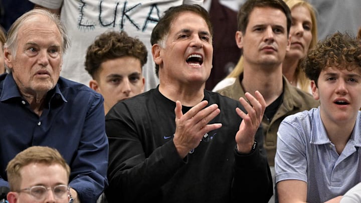 Mark Cuban watches the game between the Dallas Mavericks and the Houston Rockets at the American Airlines Center. 
