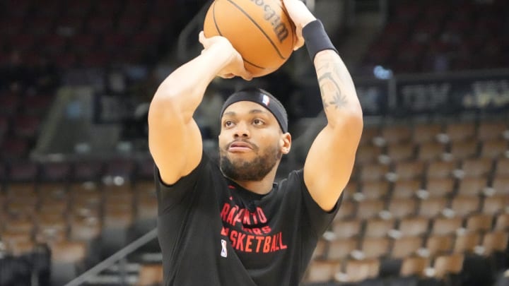 Apr 7, 2024; Toronto, Ontario, CAN; Toronto Raptors guard Bruce Brown (11) goes to shoot a basket during warm up before a game against the Washington Wizards at Scotiabank Arena. Mandatory Credit: John E. Sokolowski-USA TODAY Sports