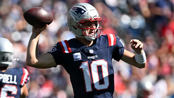 Sep 28, 2025; Foxborough, Massachusetts, USA; New England Patriots quarterback Drake Maye (10) looks to throw against the Carolina Panthers during the first half at Gillette Stadium. Mandatory Credit: Brian Fluharty-Imagn Images