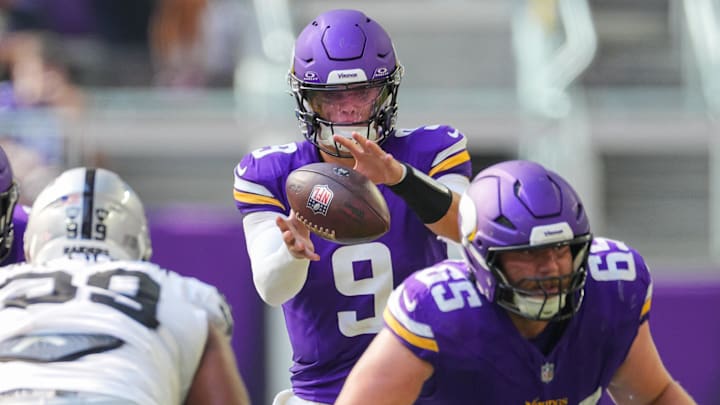 Aug 10, 2024; Minneapolis, Minnesota, USA; Minnesota Vikings quarterback J.J. McCarthy (9) takes the snap against the Las Vegas Raiders in the third quarter at U.S. Bank Stadium. Mandatory Credit: Brad Rempel-Imagn Images Aug 10, 2024; Minneapolis, Minnesota, USA; Minnesota Vikings quarterback J.J. McCarthy (9) takes the snap against the Las Vegas Raiders in the third quarter at U.S. Bank Stadium. Mandatory Credit: Brad Rempel-Imagn Images