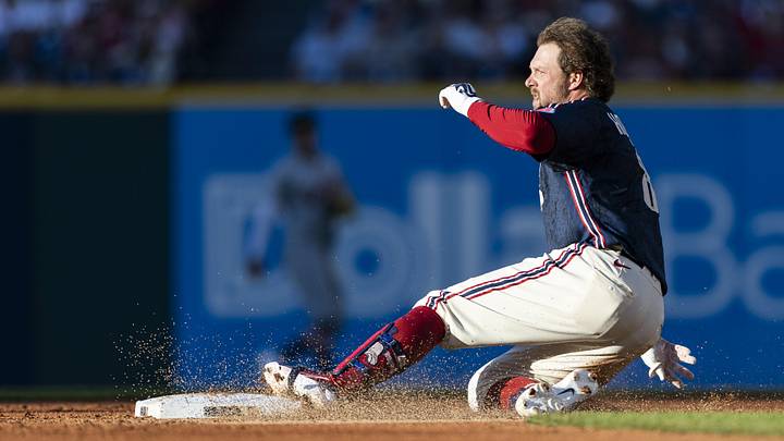 Jun 12, 2026: Cleveland Guardians first baseman Rhys Hoskins (8) slides safely into second base for a double during the second inning against the Detroit Tigers at Progressive Field. 