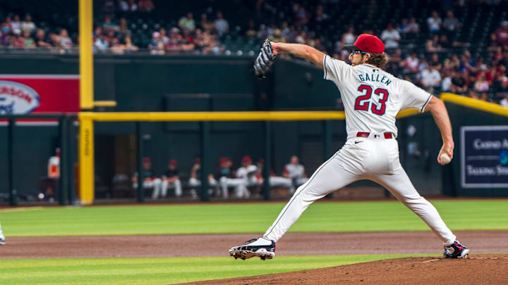 Sep 15, 2024; Phoenix, Arizona, USA; Arizona Diamondbacks starting pitcher Zac Gallen (23) on the mound in the first inning during a game against the Milwaukee Brewers at Chase Field.