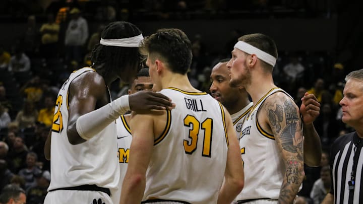 Nov. 11, 2024; Columbia, Missouri, USA; Missouri Tigers guard Caleb Grill (31) huddles with the rest of the team during a game against Eastern Washington at Mizzou Arena.