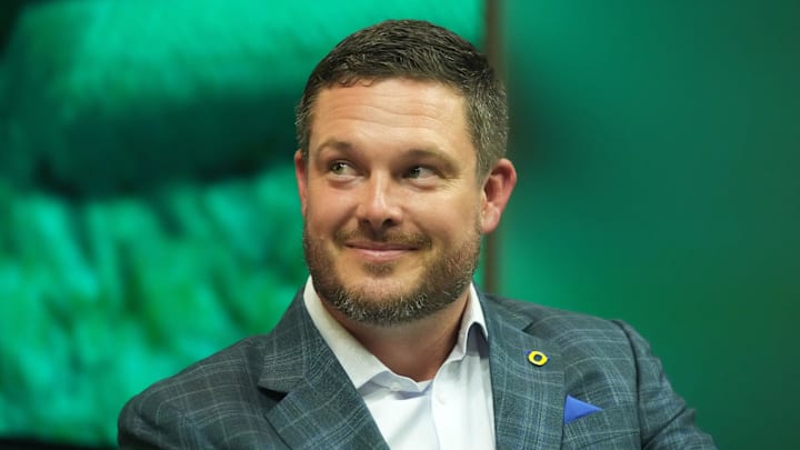 Jul 21, 2023; Las Vegas, NV, USA; Oregon Ducks coach Dan Lanning during Pac-12 Media Day at Resorts World Las Vegas. tMandatory Credit: Kirby Lee-Imagn Images