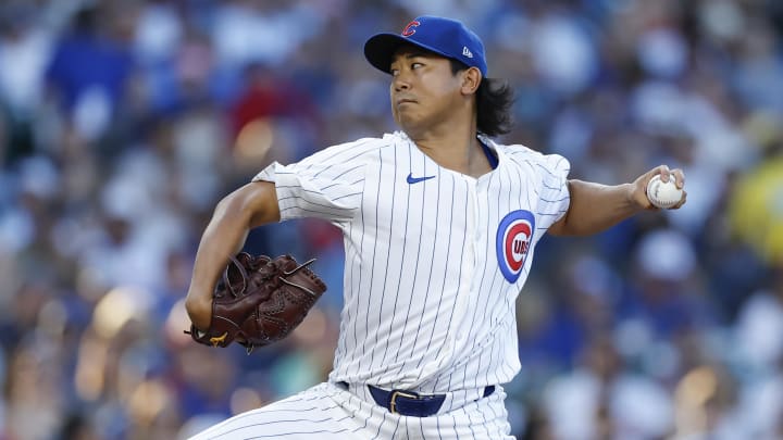 Jul 3, 2024; Chicago, Illinois, USA; Chicago Cubs starting pitcher Shota Imanaga delivers a pitch.