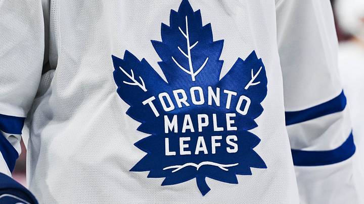 Jan 18, 2025; Montreal, Quebec, CAN; View of a Toronto Maple Leafs logo on a jersey worn by a member of the team during the second period at Bell Centre. Mandatory Credit: David Kirouac-Imagn Images