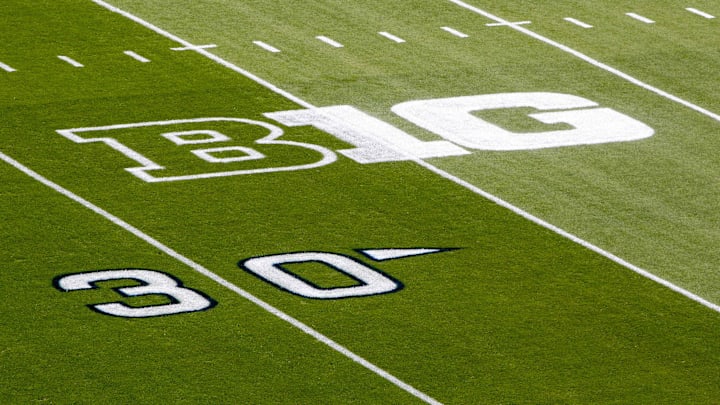 Sep 1, 2018; University Park, PA, USA; A detailed view of the Big Ten logo on the field prior to the game between the Appalachian State Mountaineers and the Penn State Nittany Lions at Beaver Stadium. Mandatory Credit: Matthew O'Haren-Imagn Images
