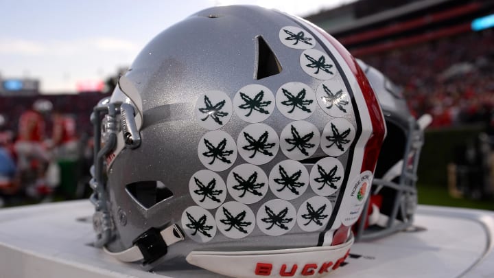 Jan 1, 2022; Pasadena, CA, USA; A detailed view of an Ohio State Buckeyes helmet during the 2022 Rose Bowl college football game between the Buckeyes and the Utah Utes at the Rose Bowl. Mandatory Credit: Orlando Ramirez-USA TODAY Sports