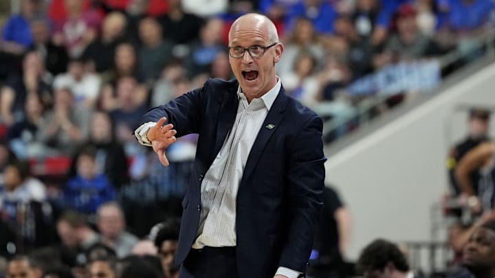 Mar 23, 2025; Raleigh, NC, USA; Connecticut Huskies head coach Dan Hurley reacts during the first half against the Connecticut Huskies in the second round of the NCAA Tournament at Lenovo Center. Mandatory Credit: Bob Donnan-Imagn Images