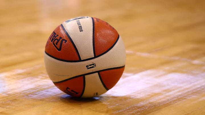 Sep 9, 2014; Phoenix, AZ, USA; Detailed view of an official WNBA Spalding basketball on the court during the game between the Phoenix Mercury against the Chicago Sky during game two of the WNBA Finals at US Airways Center. Mandatory Credit: Mark J. Rebilas-Imagn Images
