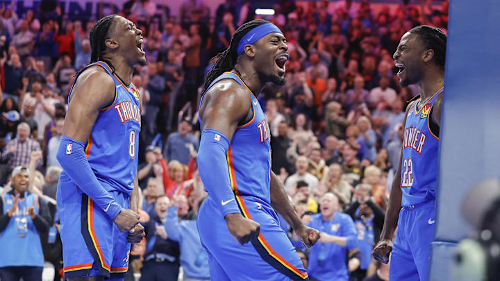 Apr 8, 2025; Oklahoma City, Oklahoma, USA; Oklahoma City Thunder forward Jalen Williams (8), guard Luguentz Dort (5) celebrate with Oklahoma City Thunder guard Cason Wallace (22) after he made a basket against the Los Angeles Lakers during the second half at Paycom Center. Mandatory Credit: Alonzo Adams-Imagn Images Apr 8, 2025; Oklahoma City, Oklahoma, USA; Oklahoma City Thunder forward Jalen Williams (8), guard Luguentz Dort (5) celebrate with Oklahoma City Thunder guard Cason Wallace (22) after he made a basket against the Los Angeles Lakers during the second half at Paycom Center. Mandatory Credit: Alonzo Adams-Imagn Images