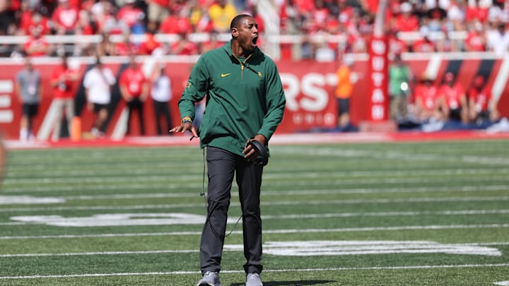 Sep 7, 2024; Salt Lake City, Utah, USA; Baylor Bears assistant coach Dallas Baker reacts to a play against the Utah Utes during the second quarter at Rice-Eccles Stadium. Mandatory Credit: Rob Gray-Imagn Images