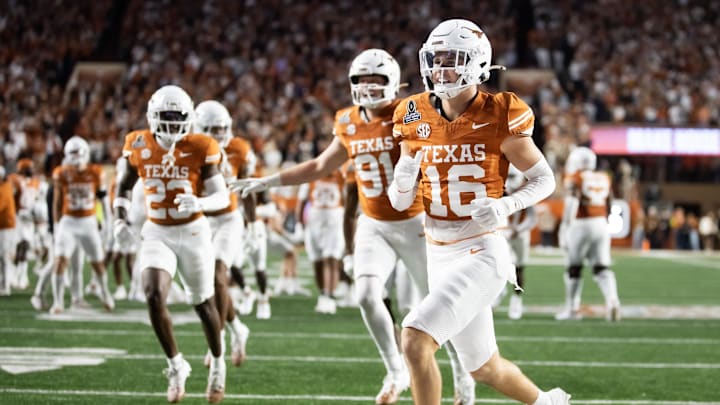 Dec 21, 2024; Austin, Texas, USA; Texas Longhorns defensive back Michael Taaffe (16) celebrates with teammates Dec 21, 2024; Austin, Texas, USA; Texas Longhorns defensive back Michael Taaffe (16) celebrates with teammates