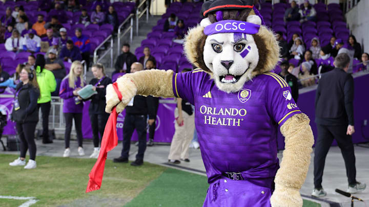 Nov 30, 2024; Orlando, Florida, USA; Orlando City mascot Kingston before the 2024 MLS Cup Eastern Conference Final match at Inter&Co Stadium. Mandatory Credit: Mike Watters-Imagn Images