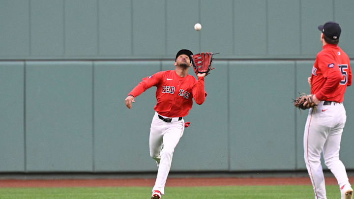Boston Red Sox center fielder Ceddanne Rafaela (43) makes a catch for an out against the Minnesota Twins during the first inning at Fenway Park on Sept 22.