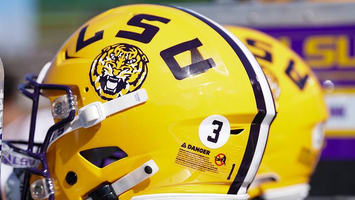 LSU Tigers helmet against the Missouri Tigers during the first half at Faurot Field at Memorial Stadium. LSU Tigers helmet against the Missouri Tigers during the first half at Faurot Field at Memorial Stadium.
