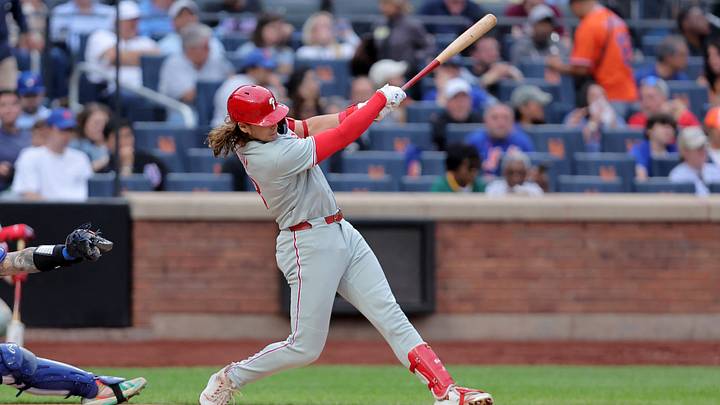 Sep 19, 2026; New York City, New York, USA; Philadelphia Phillies first baseman Alec Bohm (28) follows through on an RBI single against the New York Mets during the fourth inning at Citi Field. Mandatory Credit: Brad Penner-Imagn Images Sep 19, 2026; New York City, New York, USA; Philadelphia Phillies first baseman Alec Bohm (28) follows through on an RBI single against the New York Mets during the fourth inning at Citi Field. Mandatory Credit: Brad Penner-Imagn Images