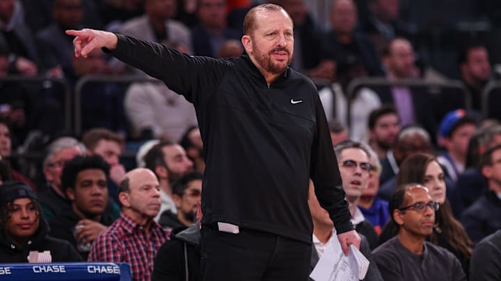 Jan 27, 2025; New York, New York, USA; New York Knicks head coach Tom Thibodeau reacts during the first half against the Memphis Grizzlies at Madison Square Garden. Mandatory Credit: Vincent Carchietta-Imagn Images