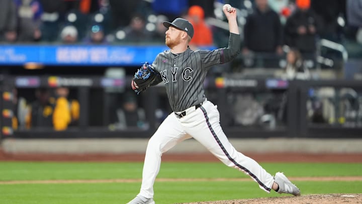 Mar 28, 2026; New York City, New York, USA; New York Mets pitcher Richard Lovelady (55) delivers a pitch against the Pittsburgh Pirates during the eleventh inning at Citi Field. Mandatory Credit: Gregory Fisher-Imagn Images
