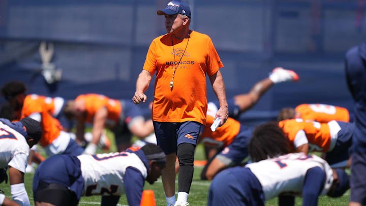 Jun 10, 2025; Denver, CO, USA; Denver Broncos head coach Sean Payton during minicamp at Broncos Park Powered by CommonSpirit. Mandatory Credit: Ron Chenoy-Imagn Images