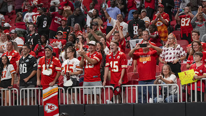 Sep 22, 2024; Atlanta, Georgia, USA; Kansas City Chiefs fans react after the Chiefs defeated the Atlanta Falcons at Mercedes-Benz Stadium. Mandatory Credit: Dale Zanine-Imagn Images