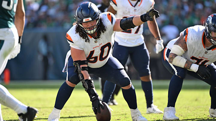 Oct 5, 2025; Philadelphia, Pennsylvania, USA; Denver Broncos center Luke Wattenberg (60) against the Philadelphia Eagles at Lincoln Financial Field.